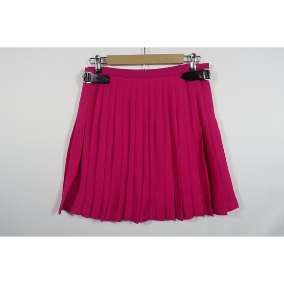Pink Scottish Kilt Women's Size 12 Wool Mini Leather Buckles Crepe Punk Pleats - Picture 3 of 12